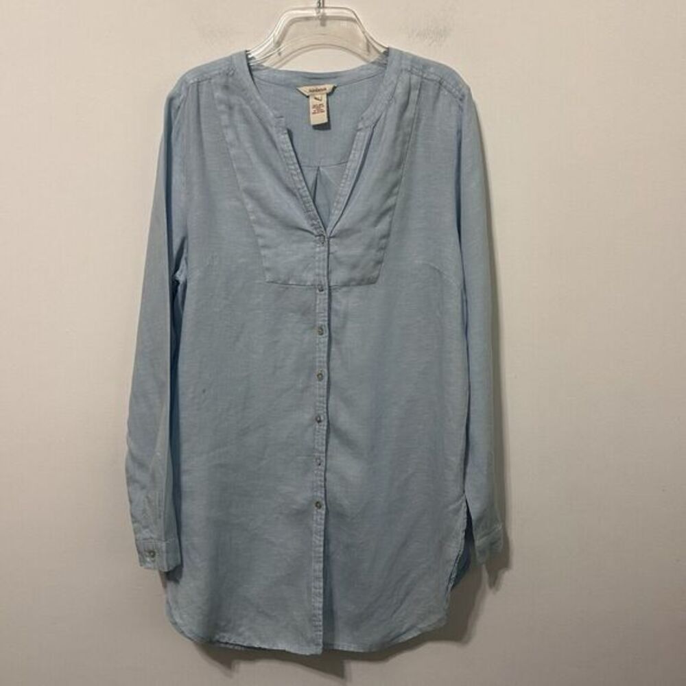 Sundance Linen Gabriella Tunic Top M‎ Blue V Neck Button Front Classic Shirt